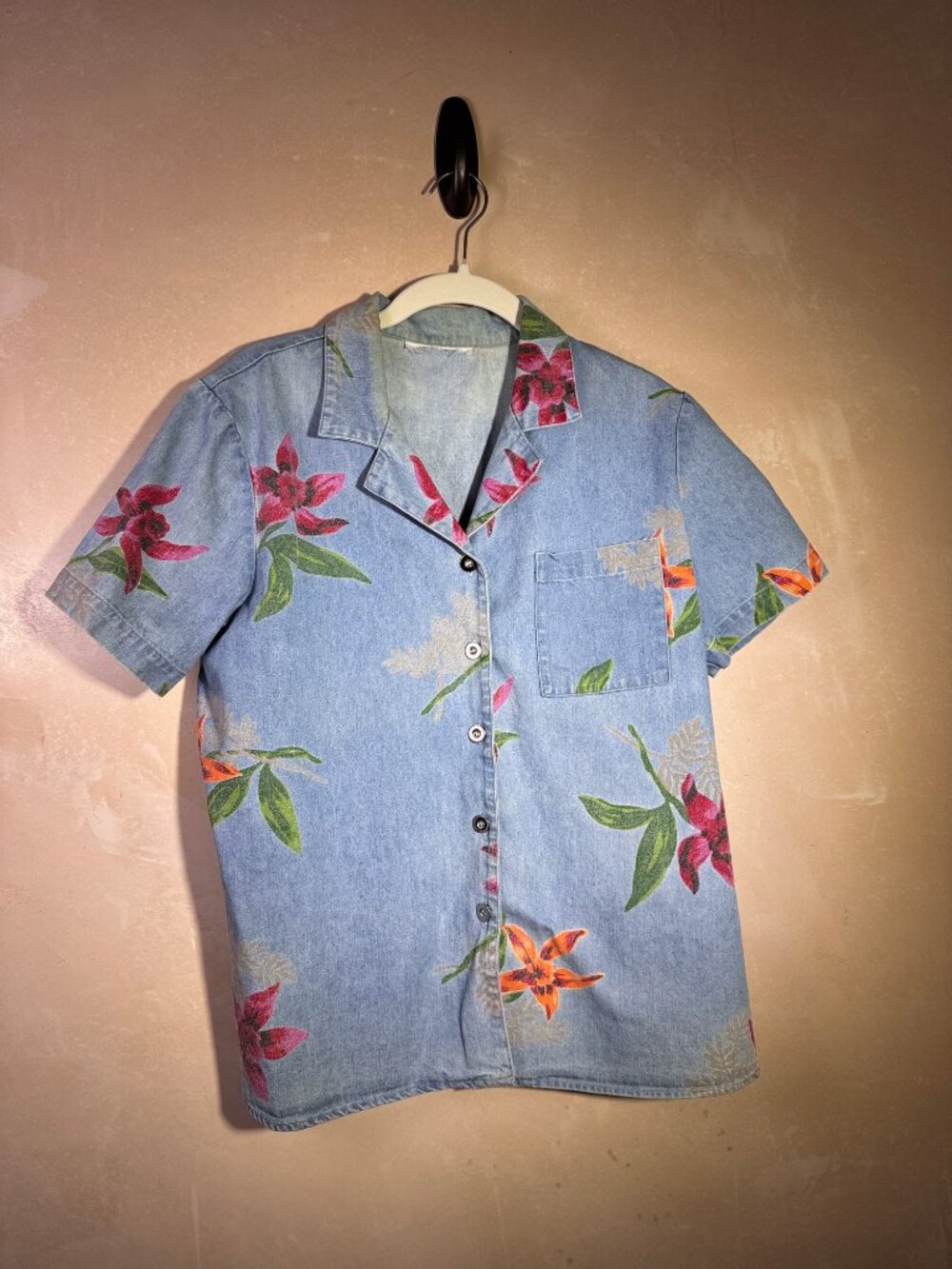 Tropical Floral Chambray Denim Camp Shirt Boxy M - Picture 9 of 11